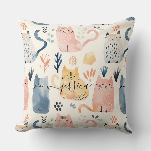 かわいい水彩猫のパターンのスクリプト名 クッション (正面)