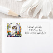 かわいい水彩猫のフローラ窓 ラベル (インサイチュ)