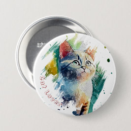 かわいい水彩猫の肖像Tシャツ 缶バッジ