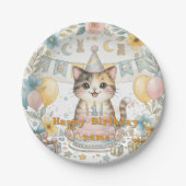 かわいい水彩猫の1歳の誕生日プレート ペーパープレート (正面)