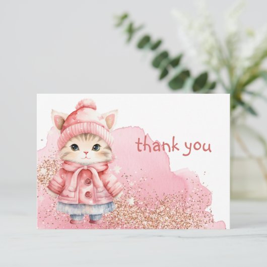 かわいい水彩猫ネコ冬のコート サンキューカード (スタンド正面)