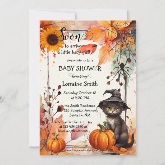 かわいい水彩猫ハロウィーンベイビーシャワー 招待状 (正面)