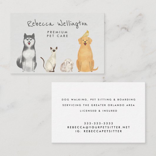 かわいい水彩猫犬バニーペットシッターのウォーカー 名刺 (正面/裏面)