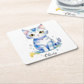 かわいい水彩猫(子猫)デザイン スクエアペーパーコースター (アングル)