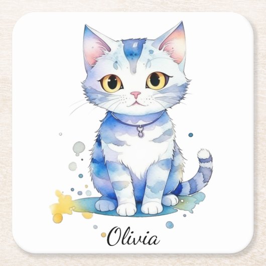 かわいい水彩猫(子猫)デザイン スクエアペーパーコースター (正面)