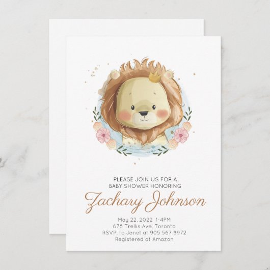 かわいい水彩獅子の赤ちゃんシャワー 招待状 (正面/裏面)
