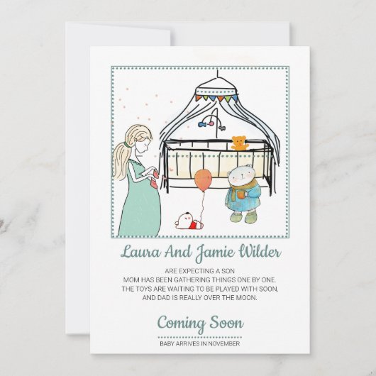 かわいい水彩男の赤ちゃん妊娠 案内状 (正面)