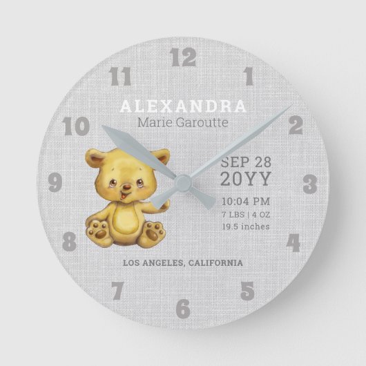 かわいい水彩画くまのベビーの誕生Statsの子供部屋 ラウンド壁時計 (正面)