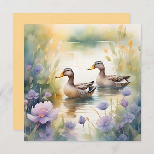 かわいい水彩画のあひるといの花の空白カード シーズンカード (正面/裏面)
