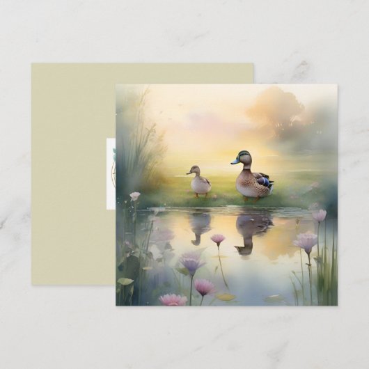 かわいい水彩画のあひるの反射イメージの空白カード シーズンカード (正面/裏面)