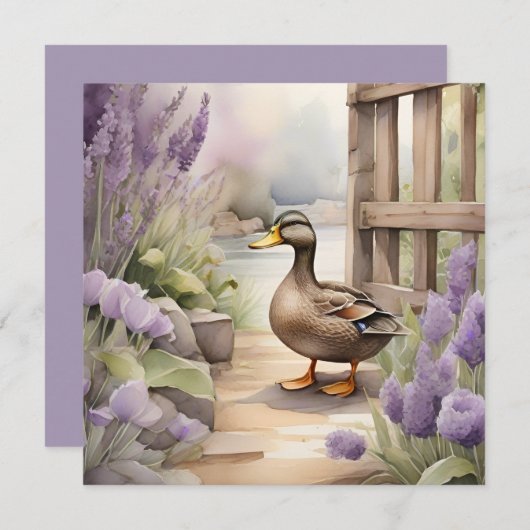 かわいい水彩画のあひる＆ラベンダー空白カード カード (正面/裏面)
