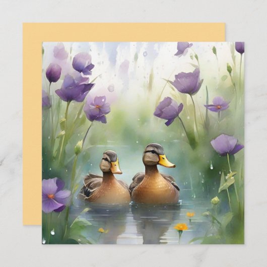 かわいい水彩画のあひる&ワイルドフラワー空白カード カード (正面/裏面)