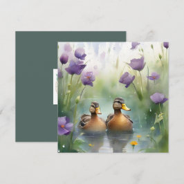 かわいい水彩画のあひる＆ワイルドフラワー空白カード カード