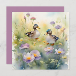 かわいい水彩画のあひる＆ワイルドフラワー空白カード シーズンカード