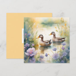 かわいい水彩画のあひる＆ワイルドフラワー空白カード シーズンカード