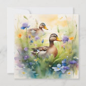 かわいい水彩画のあひる&ワイルドフラワー空白 カード (正面)