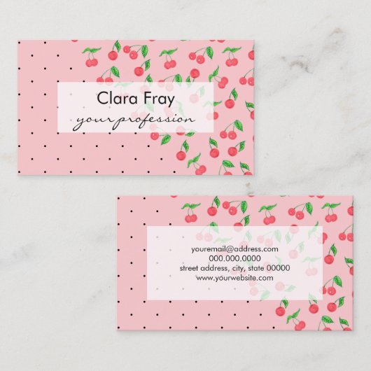かわいい水彩画のさくらんぼの黒の水玉模様パターン 名刺 (正面/裏面)