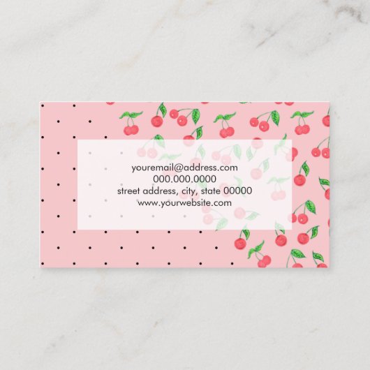 かわいい水彩画のさくらんぼの黒の水玉模様パターン 名刺 (裏面)