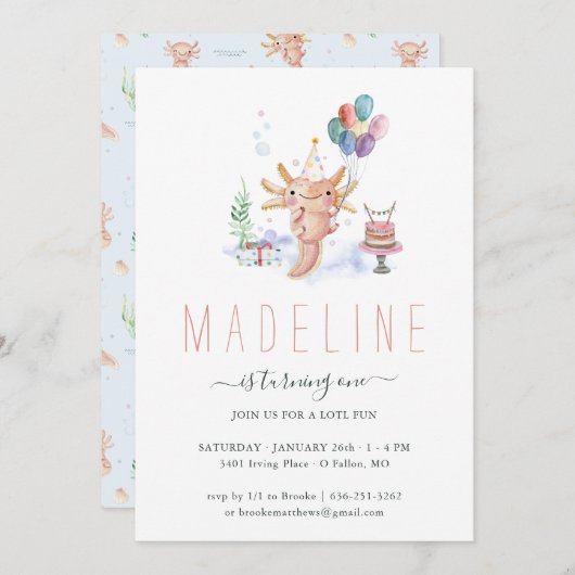 かわいい水彩画のアクソロトル 誕生日パーティー招待状 招待状 (正面/裏面)