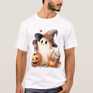 かわいい水彩画のウィッチゴーストとコーヒーとカボチャ Tシャツ