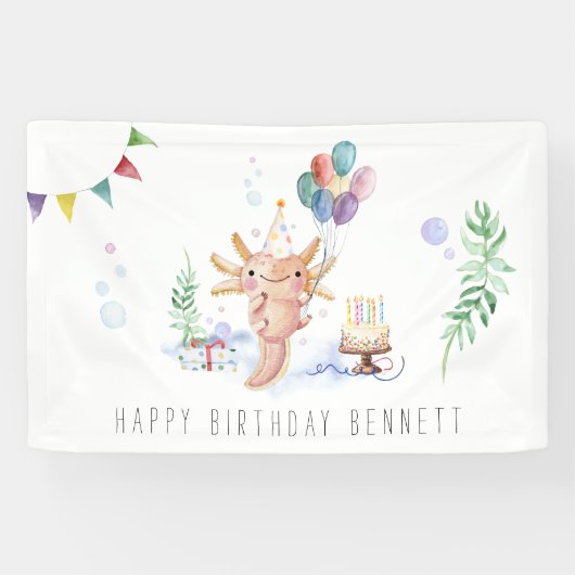 かわいい水彩画のウーパールーパー 誕生日パーティー ウェルカム 横断幕 (横)