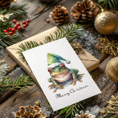 かわいい水彩画のカエルサンタ帽子のクリスマスカード 箔シーズンカード