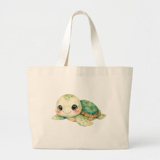 かわいい水彩画のカメ ラージトートバッグ