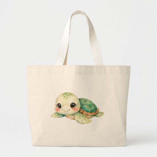 かわいい水彩画のカメ ラージトートバッグ (正面)