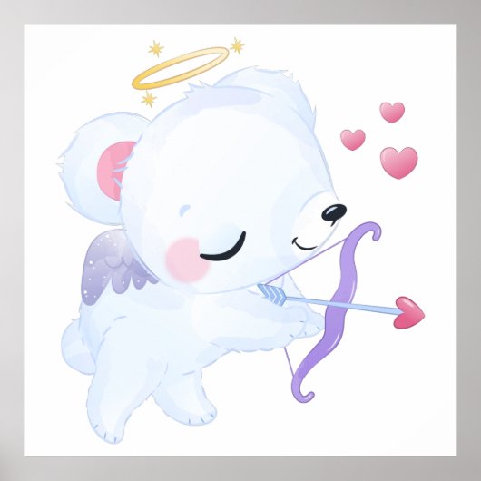 かわいい水彩画のキューピッド バレンタイン ポーラーベア ポスター (正面)