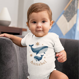 かわいい水彩画のクジラのママと赤ちゃんの名前入り ベビーボディスーツ