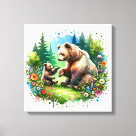 かわいい水彩画のクマと子熊 キャンバスプリント