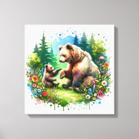 かわいい水彩画のクマと子熊 キャンバスプリント (正面)
