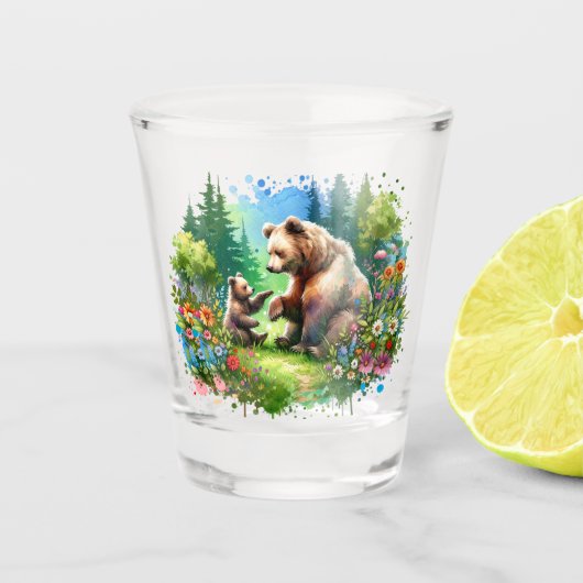 かわいい水彩画のクマと子熊 ショットグラス (正面)