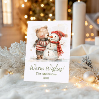 かわいい水彩画のクマと雪だるま | あたたかな願いを込めて シーズンカード