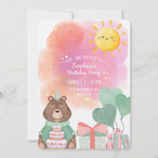 かわいい水彩画のクマの誕生日招待状 招待状 (正面)