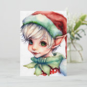 かわいい水彩画のクリスマスエルフがサンタ帽をかぶっている シーズンカード (スタンド正面)