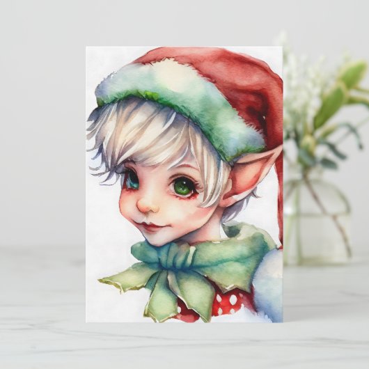 かわいい水彩画のクリスマスエルフがサンタ帽をかぶっている シーズンカード (スタンド正面)