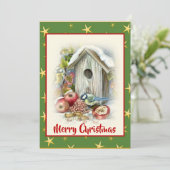 かわいい水彩画のクリスマス 鳥 雪 星 シーズンカード (スタンド正面)