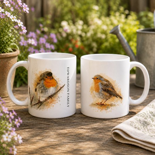 かわいい水彩画のコマドリの鳥のモノグラム コーヒーマグカップ
