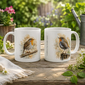 かわいい水彩画のコマドリの鳥のモノグラム コーヒーマグカップ