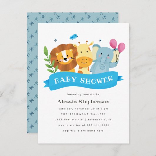 かわいい水彩画のサファリ動物の男の子のベビーシャワー インビテーションポストカード (正面/裏面)