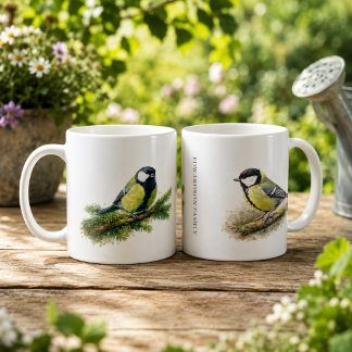 かわいい水彩画のシジュウカラのイニシャル入り コーヒーマグカップ