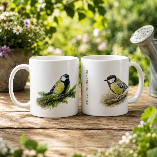 かわいい水彩画のシジュウカラのイニシャル入り コーヒーマグカップ