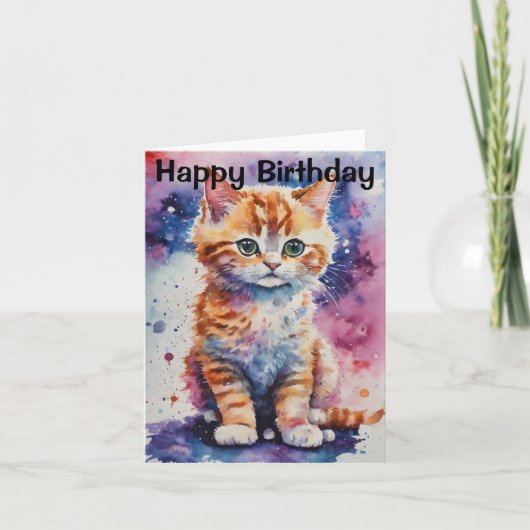 かわいい水彩画のジンジャー子猫の誕生日 カード (正面)