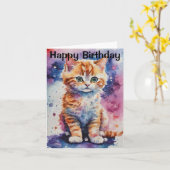 かわいい水彩画のジンジャー子猫の誕生日 カード (黄色い花)