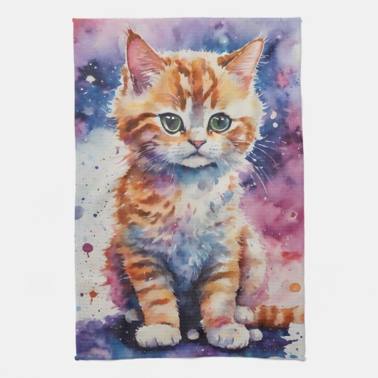 かわいい水彩画のジンジャー子猫 キッチンタオル (縦)