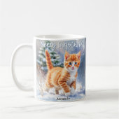 かわいい水彩画のジンジャー子猫 雪 クリスマス コーヒーマグカップ (左)