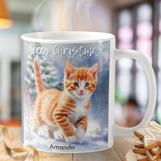 かわいい水彩画のジンジャー子猫 雪 クリスマス コーヒーマグカップ