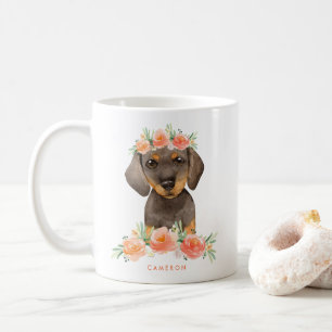 かわいい水彩画のダックスフントのモモの花柄 コーヒーマグカップ