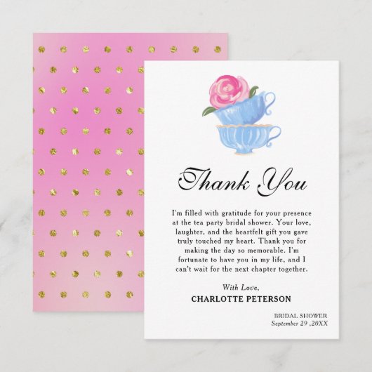 かわいい水彩画のティーパーティー ブライダルシャワー サンキューカード (正面/裏面)
